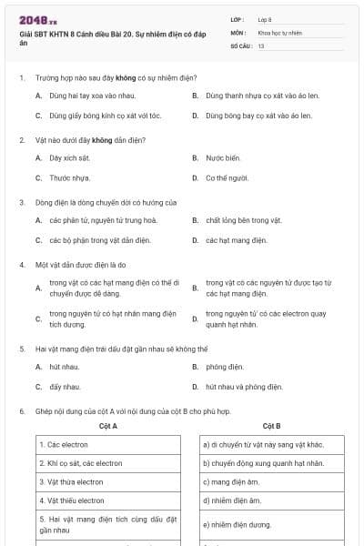 Giải SBT KHTN 8 Cánh diều Bài 20. Sự nhiễm điện có đáp án