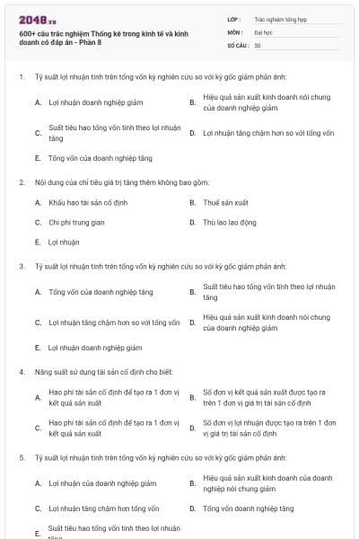 600+ câu trắc nghiệm Thống kê trong kinh tế và kinh doanh có đáp án - Phần 8