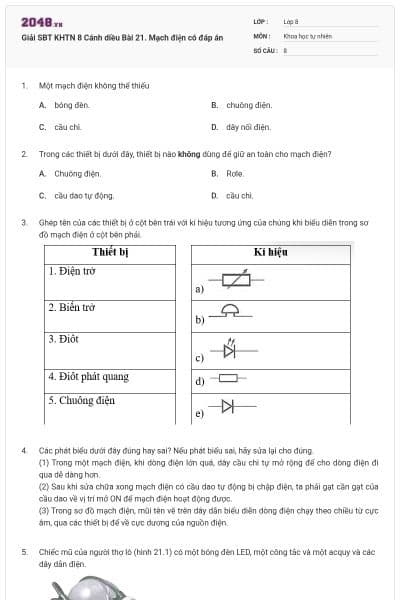 Giải SBT KHTN 8 Cánh diều Bài 21. Mạch điện có đáp án