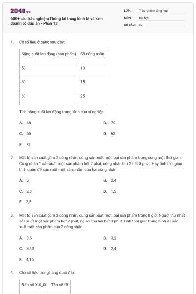 600+ câu trắc nghiệm Thống kê trong kinh tế và kinh doanh có đáp án - Phần 13