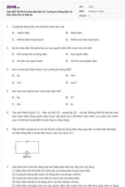 Giải SBT KHTN 8 Cánh diều Bài 23. Cường độ dòng điện và hiệu điện thế có đáp án