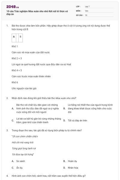 10 câu Trắc nghiệm Mùa xuân nho nhỏ Kết nối tri thức có đáp án