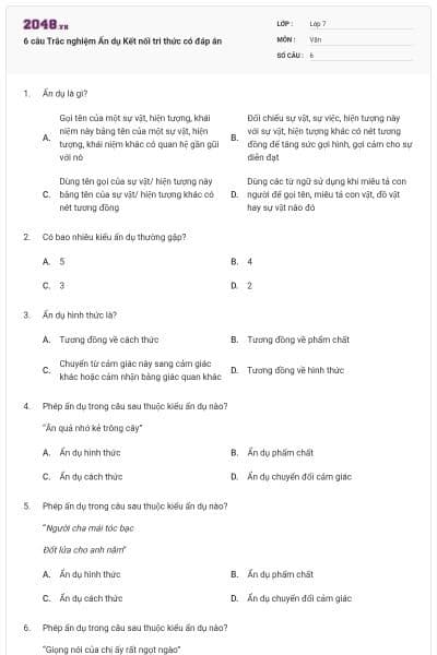 6 câu Trắc nghiệm Ẩn dụ Kết nối tri thức có đáp án