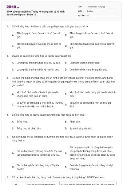 600+ câu trắc nghiệm Thống kê trong kinh tế và kinh doanh có đáp án - Phần 16