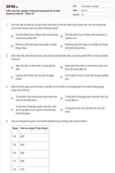 600+ câu trắc nghiệm Thống kê trong kinh tế và kinh doanh có đáp án - Phần 18