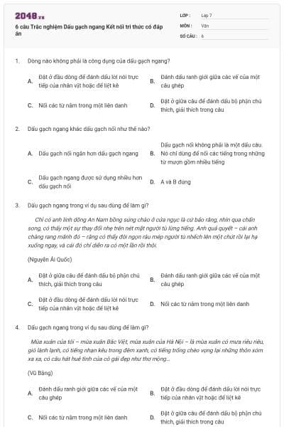 6 câu Trắc nghiệm Dấu gạch ngang Kết nối tri thức có đáp án