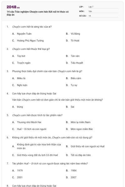 14 câu Trắc nghiệm Chuyện cơm hến Kết nối tri thức có đáp án