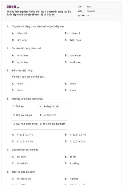 10 câu Trắc nghiệm Tiếng Việt lớp 1 Chân trời sáng tạo Bài 5: Ôn tập và kể chuyện (Phần 13) có đáp án