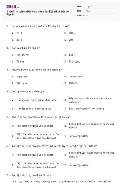 8 câu Trắc nghiệm Hãy cầm lấy và đọc Kết nối tri thức có đáp án