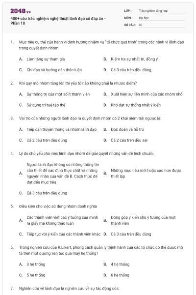 400+ câu trắc nghiệm nghệ thuật lãnh đạo có đáp án - Phần 10