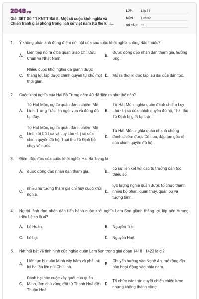 Giải SBT Sử 11 KNTT Bài 8. Một số cuộc khởi nghĩa và Chiến tranh giải phóng trong lịch sử việt nam (từ thế kỉ ii trước công nguyên đến cuối thế kỉ xix) có đáp án
