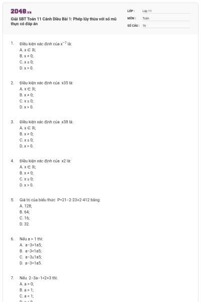 Giải SBT Toán 11 Cánh Diều Bài 1: Phép lũy thừa với số mũ thực có đáp án