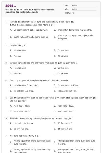 Giải SBT Sử 11 KNTT Bài 11. Cuộc cải cách của minh mạng (nửa đầu thế kỉ xix) có đáp án