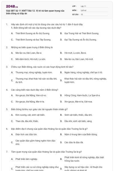 Giải SBT Sử 11 KNTT Bài 12. Vị trí và tầm quan trọng của biển đông có đáp án