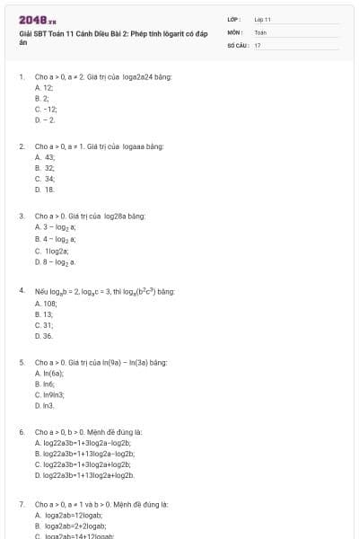 Giải SBT Toán 11 Cánh Diều Bài 2: Phép tính lôgarit có đáp án