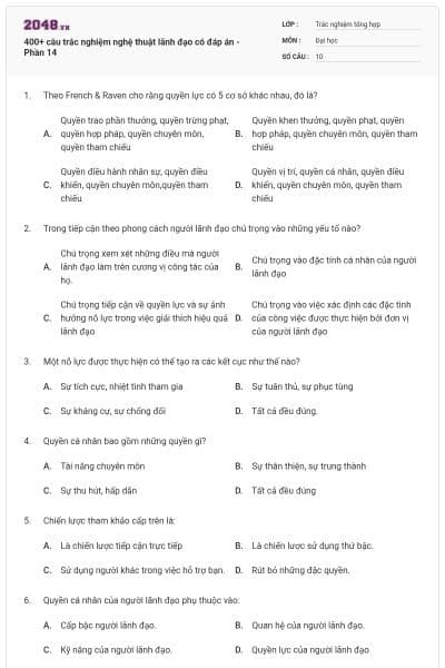 400+ câu trắc nghiệm nghệ thuật lãnh đạo có đáp án - Phần 14