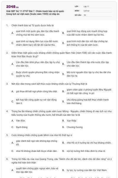 Giải SBT Sử 11 CTST Bài 7. Chiến tranh bảo vệ tổ quốc trong lịch sử việt nam (trước năm 1945) có đáp án