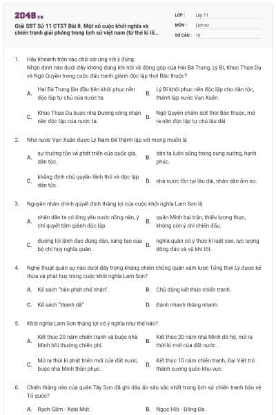 Giải SBT Sử 11 CTST Bài 8. Một số cuộc khởi nghĩa và chiến tranh giải phóng trong lịch sử việt nam (từ thế kỉ iii tcn đến cuối thế kỉ xix) có đáp án