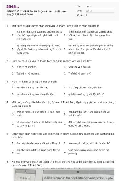 Giải SBT Sử 11 CTST Bài 10. Cuộc cải cách của lê thánh tông (thế kỉ xv) có đáp án