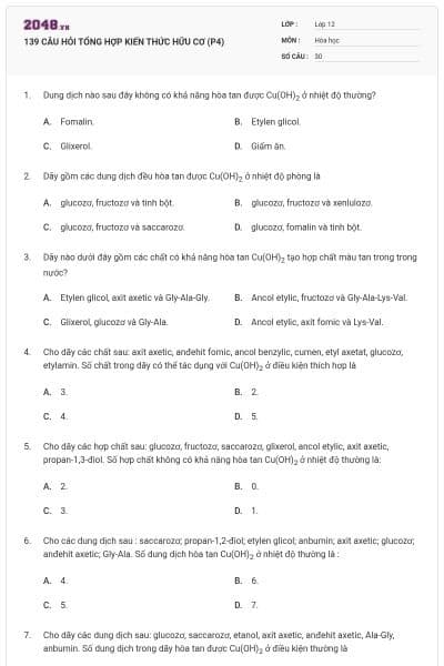 139 CÂU HỎI TỔNG HỢP KIẾN THỨC HỮU CƠ (P4)