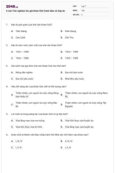 6 câu Trắc nghiệm tác giả Đoàn Giỏi Cánh diều có đáp án