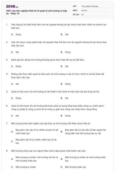 300+ câu trắc nghiệm Kinh tế và quản lý môi trường có đáp án - Phần 10