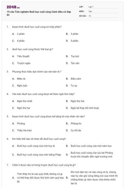 15 câu Trắc nghiệm Buổi học cuối cùng Cánh diều có đáp án