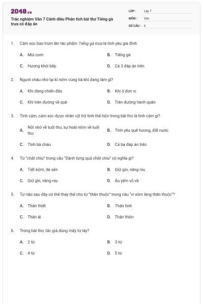 Trắc nghiệm Văn 7 Cánh diều Phân tích bài thơ Tiếng gà trưa có đáp án