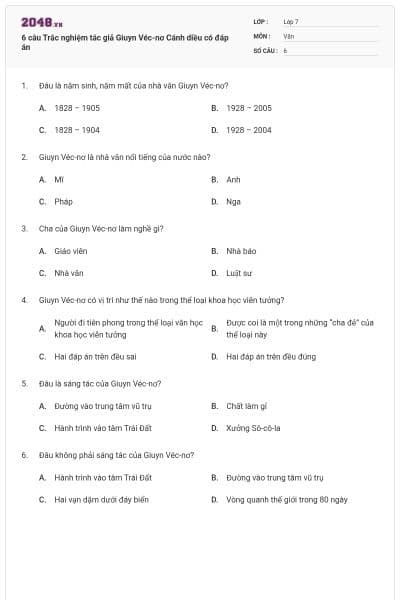 6 câu Trắc nghiệm tác giả Giuyn Véc-nơ Cánh diều có đáp án