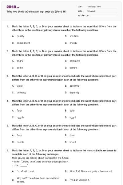 Tổng hợp đề thi thử tiếng anh thpt quốc gia (Đề số 19)