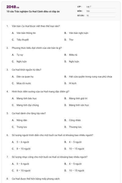10 câu Trắc nghiệm Ca Huế Cánh diều có đáp án