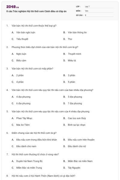 8 câu Trắc nghiệm Hội thi thổi cơm Cánh diều có đáp án