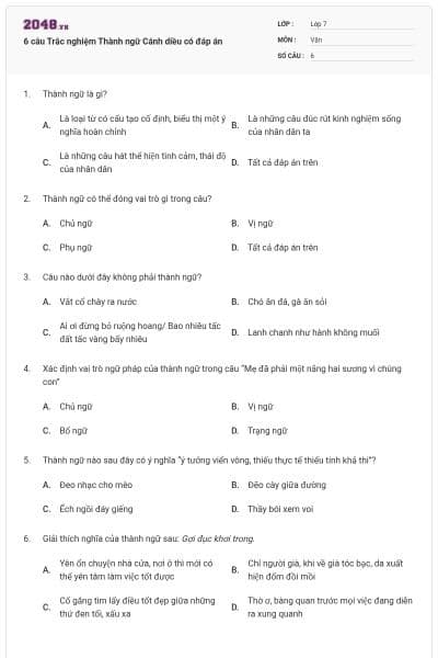 6 câu Trắc nghiệm Thành ngữ Cánh diều có đáp án