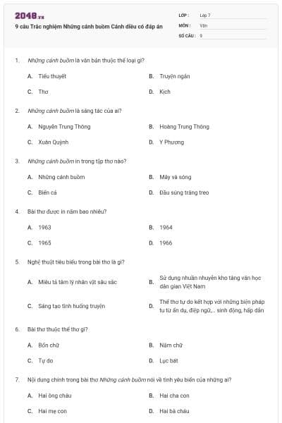 9 câu Trắc nghiệm Những cánh buồm Cánh diều có đáp án