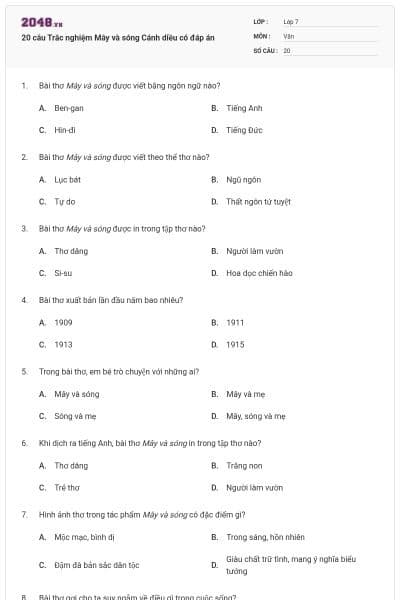 20 câu Trắc nghiệm Mây và sóng Cánh diều có đáp án