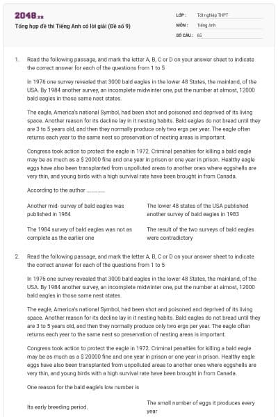 Tổng hợp đề thi Tiếng Anh có lời giải (Đề số 9)