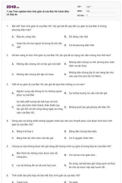 7 câu Trắc nghiệm Đức tính giản dị của Bác Hồ Cánh diều có đáp án