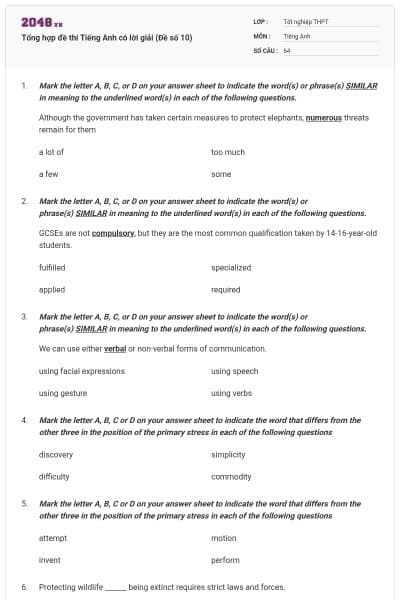 Tổng hợp đề thi Tiếng Anh có lời giải (Đề số 10)