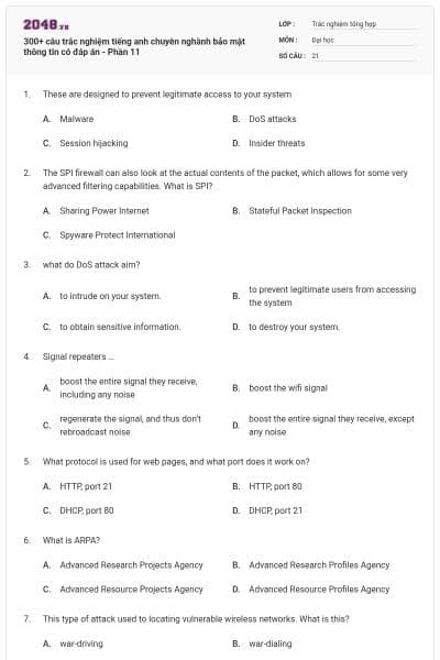 300+ câu trắc nghiệm tiếng anh chuyên nghành bảo mật thông tin có đáp án - Phần 11