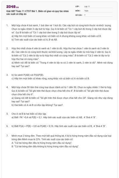 Giải SBT Toán 11 CTST Bài 1. Biến cố giao và quy tắc nhân xác suất có đáp án