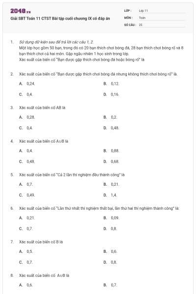 Giải SBT Toán 11 CTST Bài tập cuối chương IX có đáp án