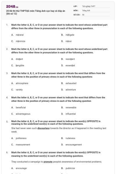 20 Đề thi thử THPTQG môn Tiếng Anh cực hay có đáp án (Đề số 12)