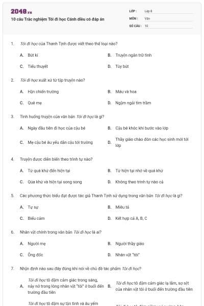 10 câu Trắc nghiệm Tôi đi học Cánh diều có đáp án