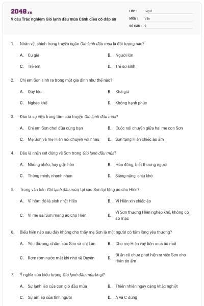 9 câu Trắc nghiệm Gió lạnh đầu mùa Cánh diều có đáp án