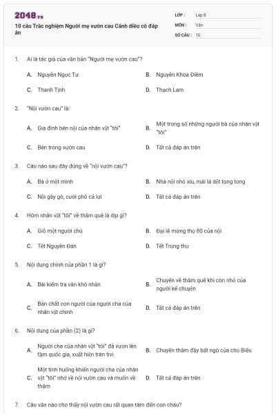 10 câu Trắc nghiệm Người mẹ vườn cau Cánh diều có đáp án