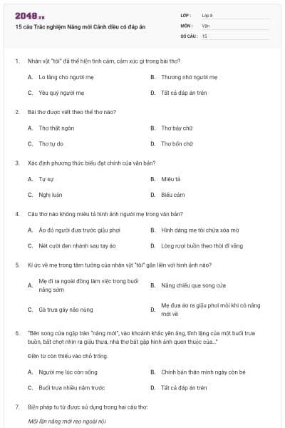 15 câu Trắc nghiệm Nắng mới Cánh diều có đáp án