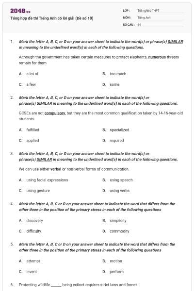 Tổng hợp đề thi Tiếng Anh có lời giải (Đề số 10)