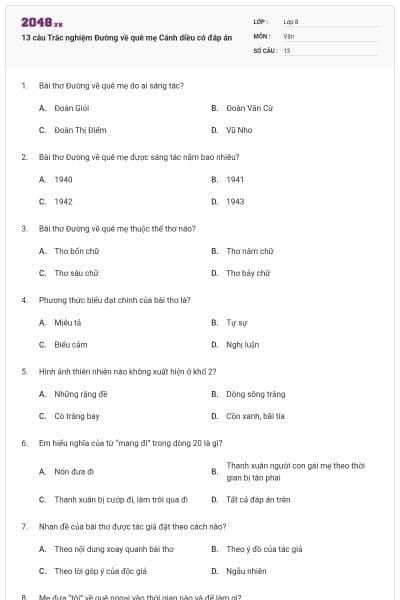 13 câu Trắc nghiệm Đường về quê mẹ Cánh diều có đáp án