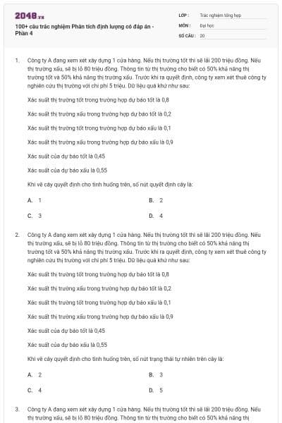 100+ câu trắc nghiệm Phân tích định lượng có đáp án - Phần 4