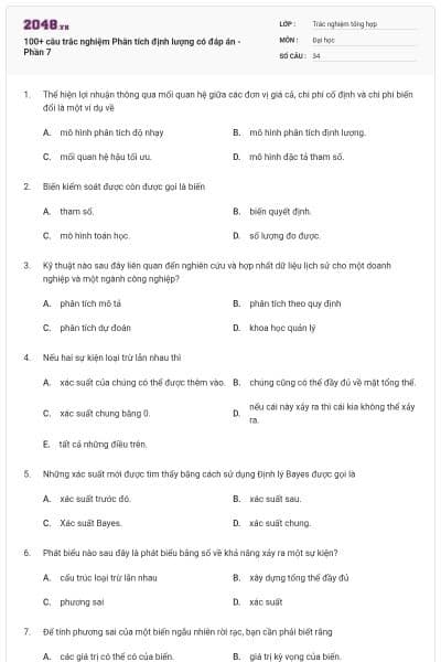 100+ câu trắc nghiệm Phân tích định lượng có đáp án - Phần 7